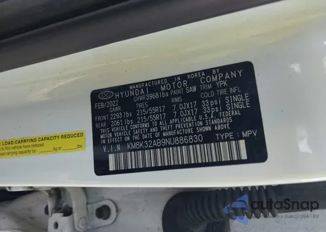 2022 Hyundai Kona Sel z USA, uszkodzony, nr VIN KM8K32AB9NU886830